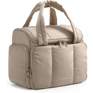 BAGSMART Toiletry Bag for Women with Dual-Padded Handles, Puffy Lightweight Makeup Bag for Makeup Accessories, Brushes Set, Travel-Sized Container, Camel