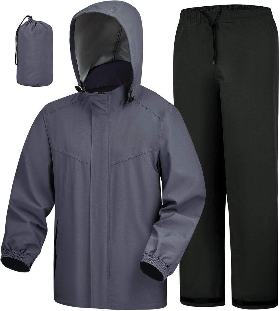 iCreek Rain Suit Waterproof Hooded Rain Gear Breathable Lightweight Packable Rain Jacket Pants Men Women for Hiking Fish Golf (Gray, L)