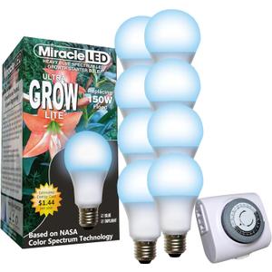 Miracle LED 12W Blue Spectrum Ultra Grow Light Replacing 150W (8-Pack) with Bonus SproutMatic Grow Light Timer