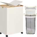 efluky Double Laundry Hamper with Wheels, Divided Laundry Hamper with Removable Bags, 2 Section Dirty Clothes Basket with Handles for Bathroom, Bedroom & Laundry Room, 160L Beige
