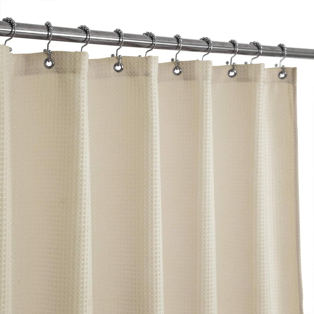  Design Extra Long Fabric Waffle Weave Shower Curtain 84 inch Height, Hotel Luxury Spa, Water Repellent, 230gsm Heavy Duty, Machine Washable, Cream Pique Pattern, 71x84