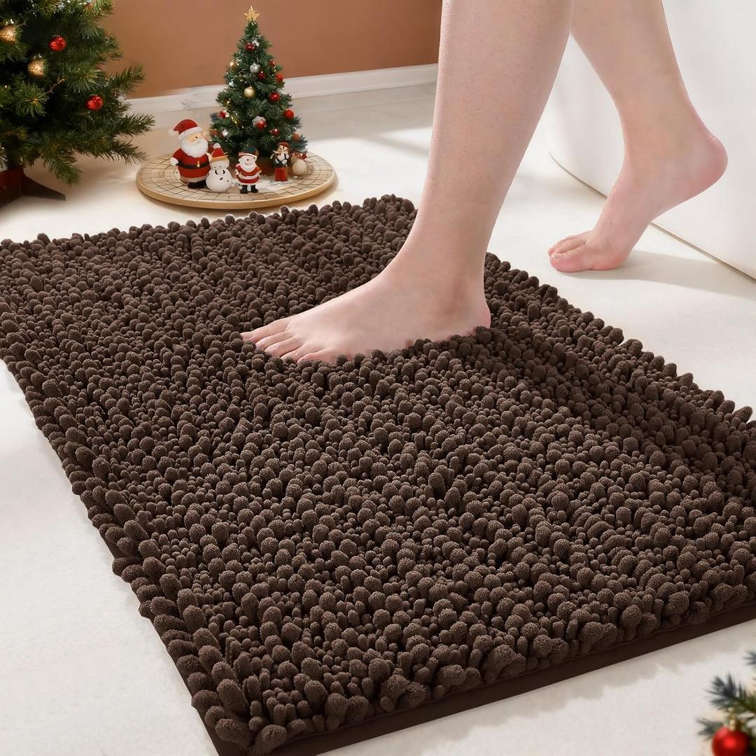 Yimobra Bathroom Rugs Non Slip Washable - Ultra Soft Absorbent Chenille Bath Mat, Quick Dry Shaggy Floor Carpet for Tub Shower, Brown Home Decor Accessories, 24x17 Inch