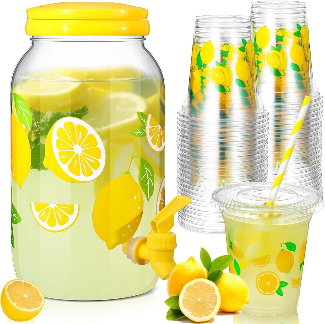 Umigy 1 Gallon Lemon Plastic Drink Dispenser with 100 Pcs 16 oz Disposable Plastic Cups with Lids and Straws Beverage Water Dispenser with Spigot for Party Juice Ice Tea Beer(Lemon,Yellow)