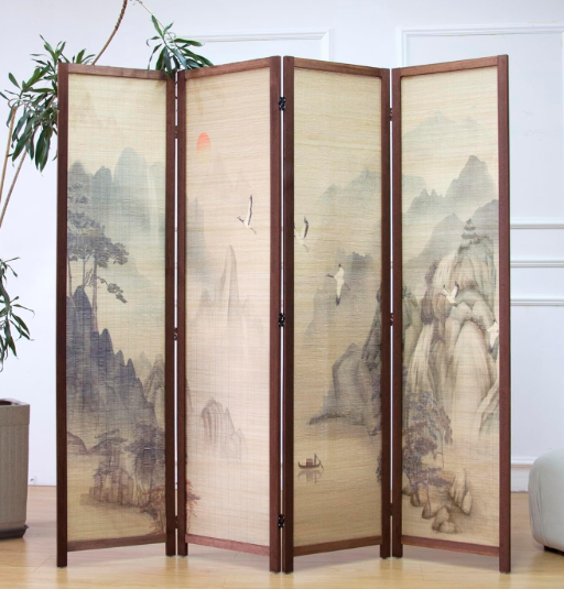 4 Panel Bamboo Room Divider, 5.6 ft Tall Double-Sided Folding Privacy Screen, Premium Thickened Wood Frame with Mountains and Waters Landscape for Home Office (67" H x 63" W)
