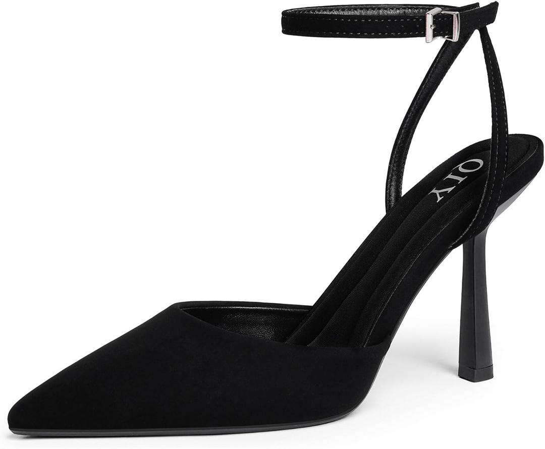 QIY Closed Toe Ankle Strap Heels Women Pumps Pointed Toe Heeled Sandals for Women Stiletto Wedding Dress Shoes (6, Black Lycra)