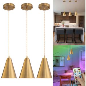Battery Operated Pendant Light With Remote, Wireless Hanging Light Without Wiring, 3 Pack Pendant Lighting For Kitchen Island, Battery Chandelier With 30hrs Battery Life Rechargable Light Bulbs, Gold