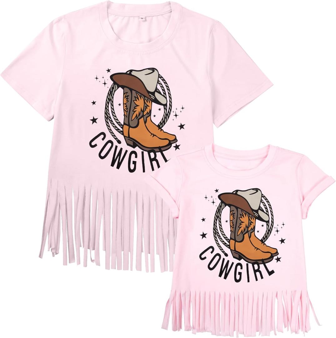 Western Shirts for Women Cowgirl Boots Hat Shirt Mom and Daughter Matching Outfits Vintage Cowgirl Fringe Tops Short Sleeve (Small)