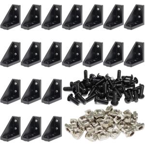 20 Sets 2020 Aluminum Extrusion T Slot Corner Bracket 20 Series Extruded Hardware 90 Degree Right Angle Connector with M5 Bolts Nuts for 20/20 80 20 2040 T V Slot Black Aluminum Profile