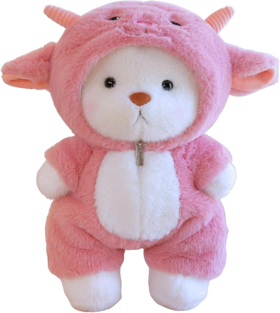 Teddy Bear Plush Figure Toys, Teddy Bears Stuffed Animals with Movable Legs Hoodie, 13'' Kawaii Emotional Support Plush Toys with Pink Lamb Clothes Soft Stuffed Bear Gift for Kids Toddlers Girls