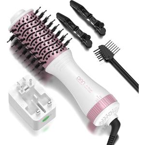 DAN Auto Dual Voltage Hair Dryer Brush(100V-240V),Travel Hair Dryer Brush with Multi-Function Plug Adapter,One Step Blow Dryer Brush and Styler Volumizer (White)