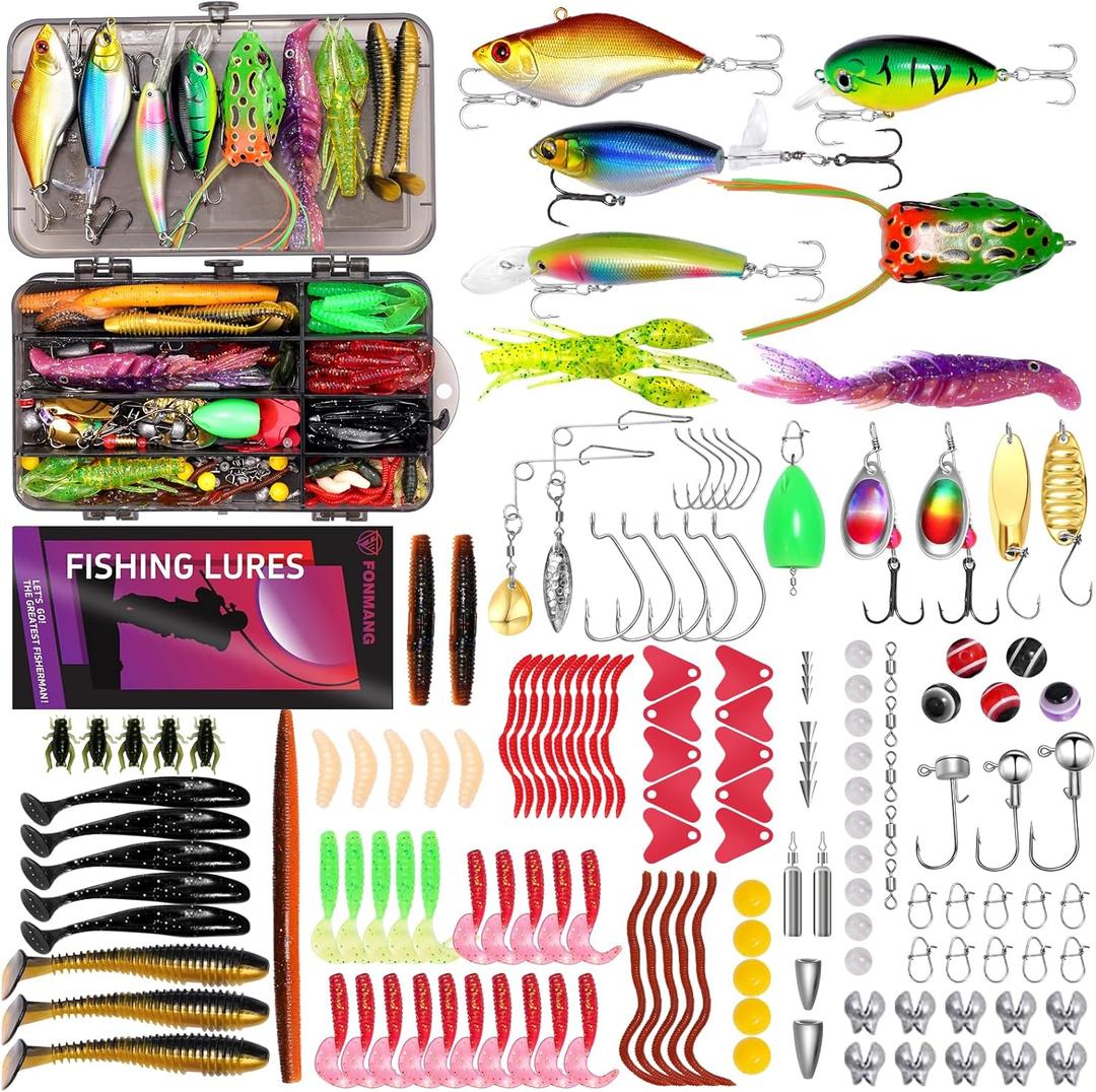 Fishing Lures - 2025 New Tackle Box with Tackle Included, Fishing Kit with VIBs, Frogs, Minnows, Soft Baits, Hooks & Weights Accessories, Freshwater Lure Kit for Bass Walleye Trout