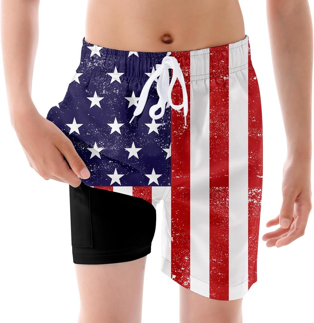 westwolf Boys Swim Trunks with Compression Liner Kids Bathing Suit 6-18 Years Swimwear (B1 Red Blue)