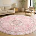 Pink Round Rug 6ft,Large Circle Area Rugs for Living Room Bedroom Dining Room,Washable Boho Vintage Bohemian Distressed Oriental Floral Carpet Non Slip,Blush Floral Flowers