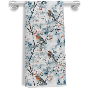 Christmas Winter Bird Kitchen Towels-Vintage Watercolor Robin Branch Dish Tea Towels for Kitchen, Farmhouse Blue Red Berry Decorative Hand Towel for Bathroom, 16x24 Inch