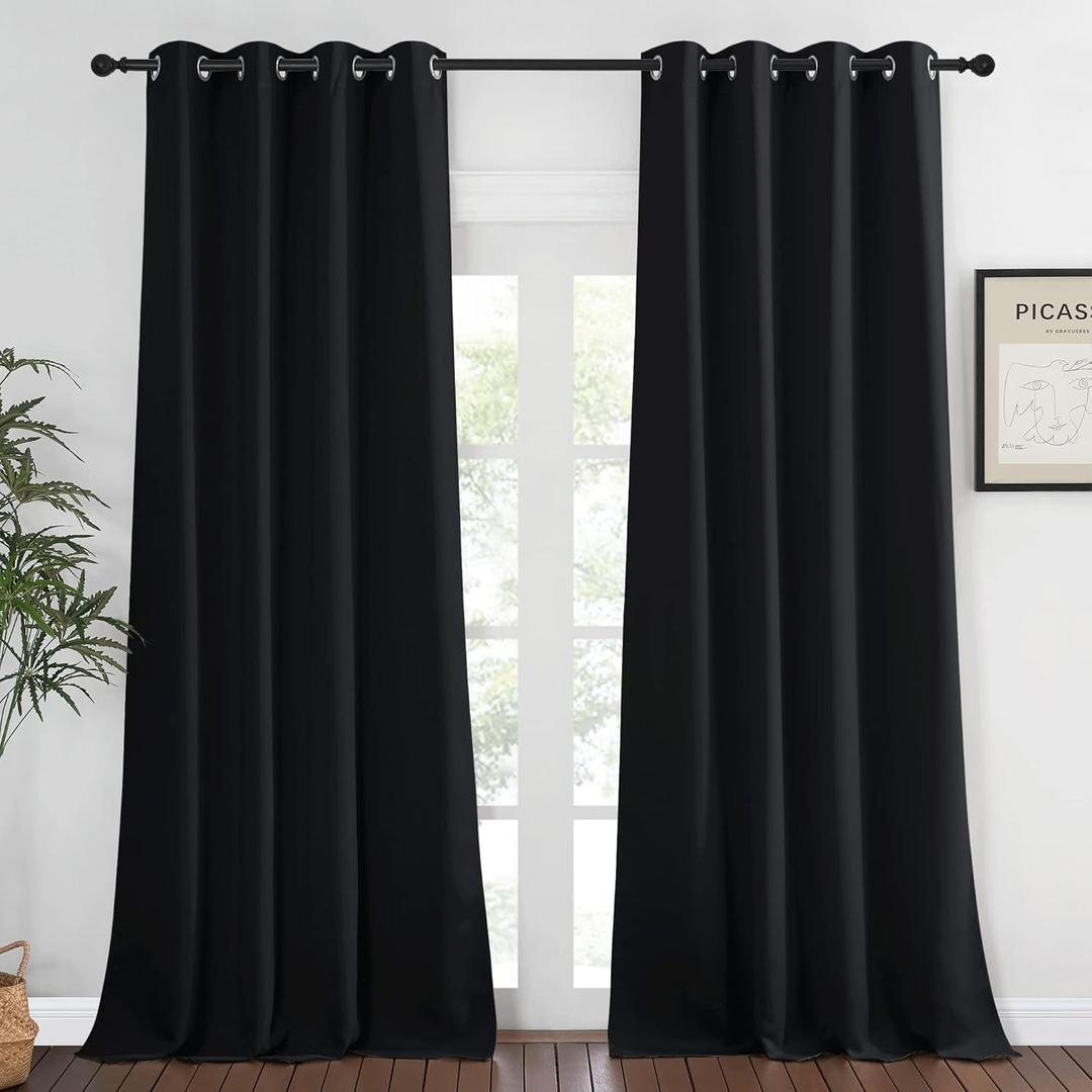 NICETOWN Blackout Black Curtain & Drape 90 inches Long - Grommet Thermal Insulated Blackout Drape Light Blinds Room Darkening Window Treatment for Bedroom (1 Panel, W52 x L90, Black)