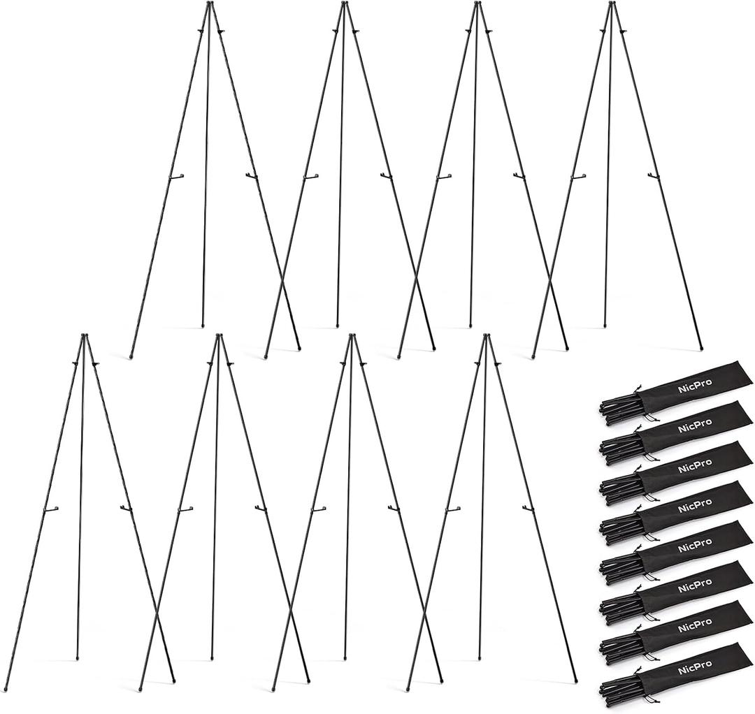 Nicpro Black Easel Stand for Sign, 8 Pack 63" Metal Portable Adjustable Collapsible Easels for Display, Painting, Poster, Wedding Sign with Carry Bag, 16.06 inches