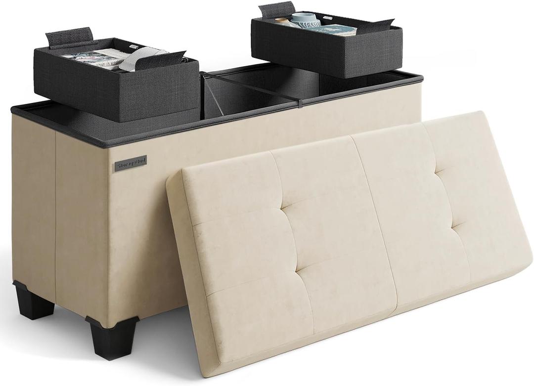 STORAGEBUD Storage Ottoman Bench with Bins, 30-in Storage Bench for Bedroom End of Bed, Folding Foot Rest Ottoman for Living Room Max 660lbs, Velvet Ottomans, Beige (15"D x 30"W x 15"H, 08 - Beige)