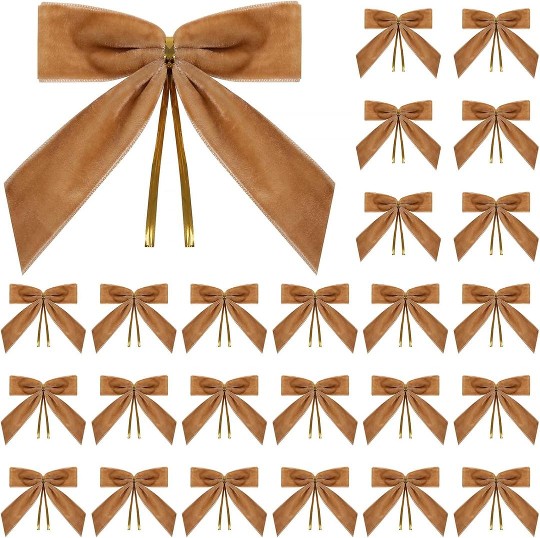 Utehilly 24 Pcs Camel Small Velvet Christmas Bows for Christmas Tree, Wreath, Gift Wrapping, Crafts, Wedding, Party, Twist Tie Bows for Treat Bag Bakery Candy Bags, Home Decor 1" W,3.5 x 3.5 inch