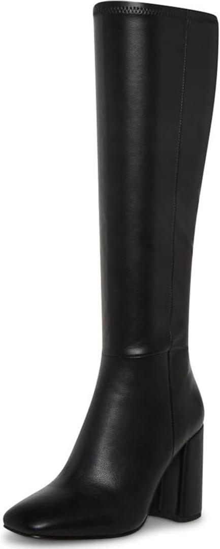 SOVANYOU Women's Faux Leather Tall Boots Fashion Square Toe Chunky Heel Knee High Boots with Side Zip (6, Black)