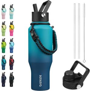 BJPKPK Insulated Water Bottles with Straw Lid, 35oz Metal Water Bottle with 2 lids & Paracord Strap, Double Wall Stainless Steel Vacuum Tumblers, Cups, Mugs, Thermo for Hot& Cold Drinks, Sea