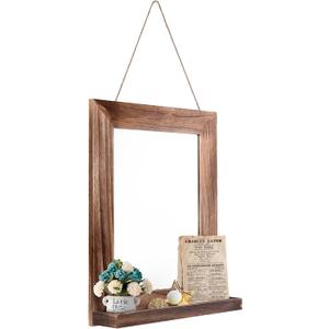 QDSSDECO 16"20" Wall Mirror with Shelf Farmhouse Decor Rectangular Mirror Hanging for Bathroom, Vanity, Bedroom, Entryway, Living Room,Brown with Hemp Rope