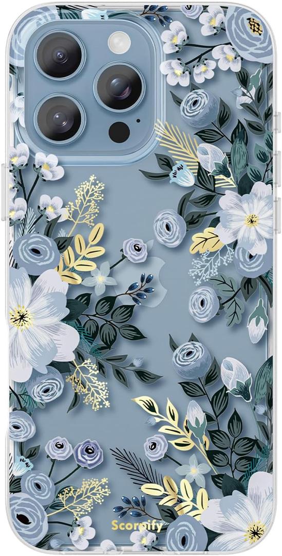 SCORPIFY Compatible with iPhone 16 Pro Case, Blue Nemophila Floral Design, Cute Clear Flower Phone Case for Women Girls, [Non Yellowing] Slim Shockproof Bumper with Gold Accents (for iPhone 16 Pro, FL-Blue Nemophila)