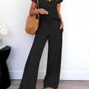 ANRABESS Women Two Piece Outfits Crochet Sheer Knit Sweater Top Wide Leg Pants Lounge Matching Sets Sweatsuit Travel Clothes (S)