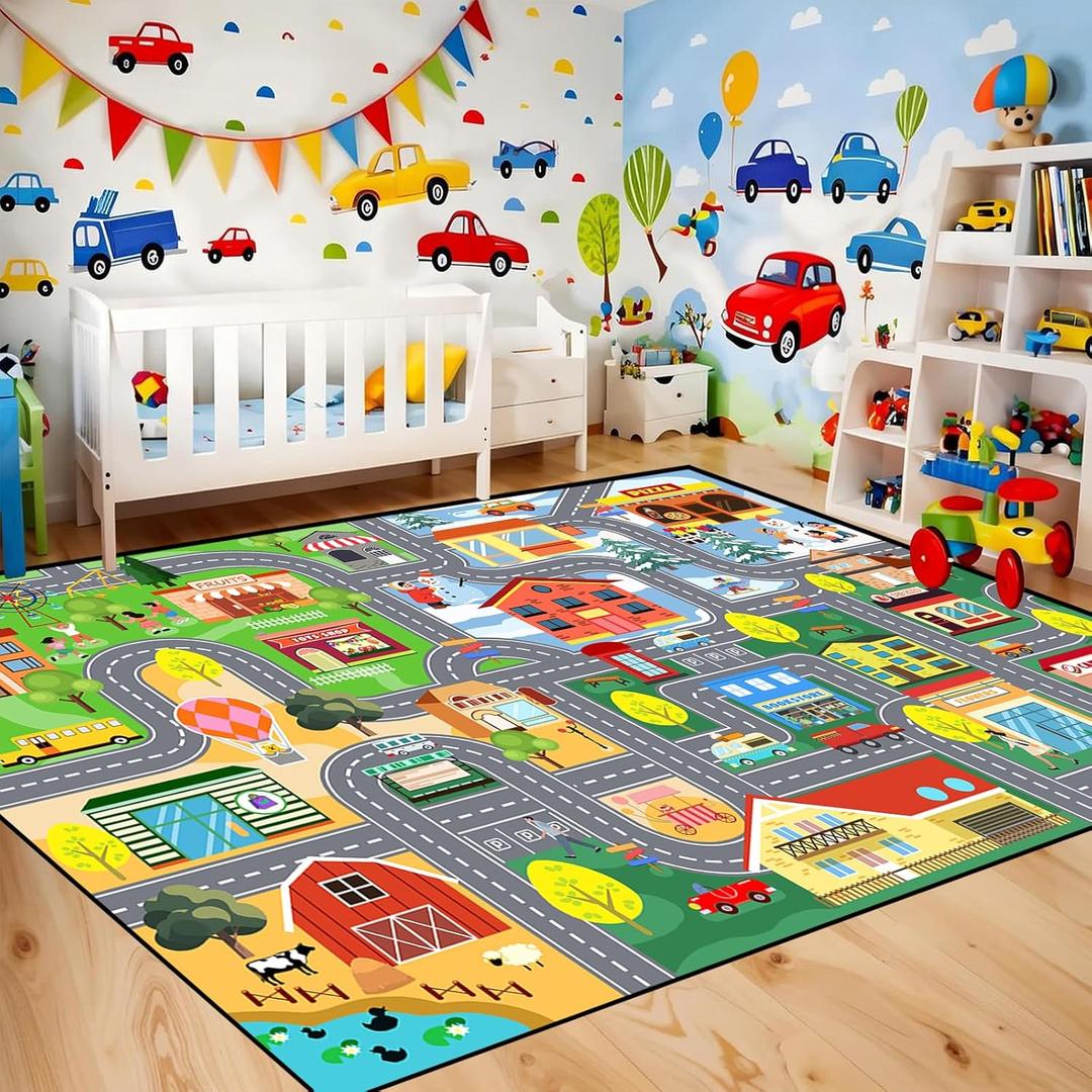Car Rug for Kids Playroom - Road Rug for Boys Room Kids Play Mat with Road Tracks Car Play Mat, 4.5x6 Feet (Ljj-67)