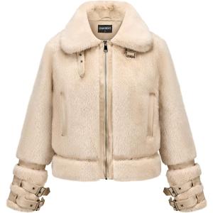 GRAN ORIENTE Womens Belted Winter Faux Fur Coats, Cropped Fuzzy Cuff Furry Zipper Up Warm Jackets Outwear (Beige, L)