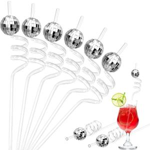 Chengu 24 Sets Disco Party Decorations, 70s Disco Ball Straw, Glitter Mirror Ball and Silver Plastic Straws for 1970s Retro Theme Bachelorette Party Decorations Birthday Supplies