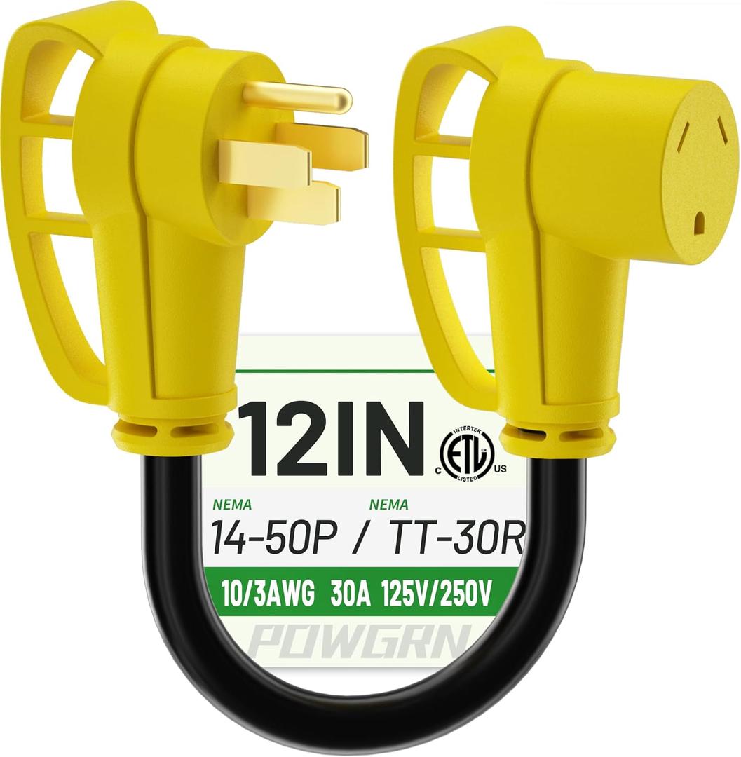 50 Amp to 30 Amp RV Adapter 12 inch, Heavy Duty Extension Cord 10/3 Gauge RV Electrical Adapter, NEMA 14-50P Male to NEMA TT-30R Female, STW 30AWG 30A 125V 3750W, Black-Yellow, ETL Listed