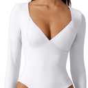 QINSEN White Long Sleeve Bodysuit for Women V Neck Seam Cup Body Suits Double Lined Stretch Shirts Tops (White, L)
