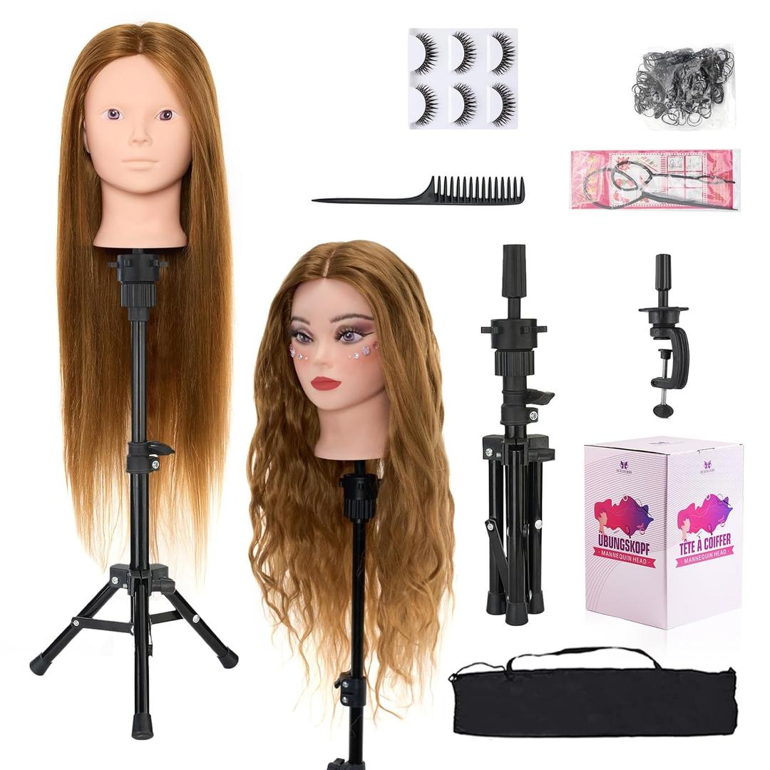 Mannequin Head 80% Human Hair with Tripod Stand,28 Inch Make up Cosmetology Manikin Practice Doll Head,Braiding Hairdressing Head with Table Clamp + DIY Hair Styling Set (Blonde#27)