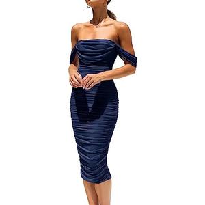 PRETTYGARDEN Summer Off The Shoulder Ruched Bodycon Dresses Sleeveless Sexy Party Club Midi Dress, Size: S, Blue