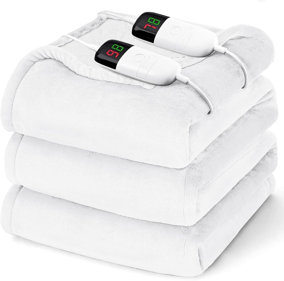 Heated Electric Blanket King Size - 90" x 100" Heating Blanket with Dual Control, 10 Heating Levels & 8 Hours Auto Off, Soft Warm Flannel Blanket, Christmas Birthday Gifts for Senior Grandma (Ivory White)