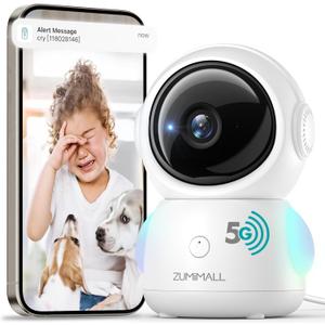 ZUMIMALL Security Camera Indoor, 5G/2.4G WiFi Baby Monitor with Camera and Audio, 2K Wired Pet Cameras for Home Security, One-Click Call, Auto Tracking, Cry/PIR/AI Detection, Alexa/ONVIF/Cloud
