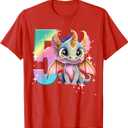 5th Birthday Shirt Girl Dragon Birthday Outfit Rainbow Five T-Shirt (Red), Size XS