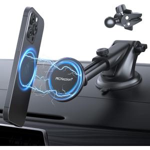 PROfezzion Suction Cup & Vent Clip Combo Magnetic Phone Holder Compatible with MagSafe on Car Dash, Windshield or Vent for iPhone 17 16 15 14 13 Pro Max, Mag-Safe Case & All Phones 