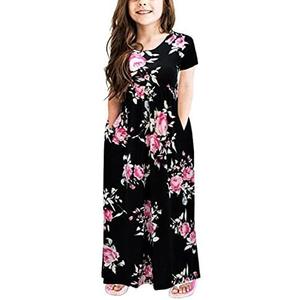 GORLYA Girl's Short Sleeve Floral Print Loose Casual Long Maxi Dress with Pockets 14Y