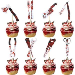 Ephlyn 32Pcs DIY Halloween Knife Cupcake Toppers Halloween Cake Decorations For Party Zombie Theme Party Decoration Supplies