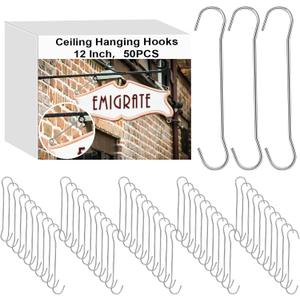 Zonon 50 Pack 12 Inches l Metal Double C Hooks Ceiling Hooks for Banners, Posters, Signs Display Hanger for Ceilings and Windows