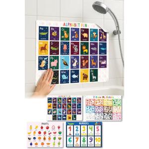 Bath Sensei Waterproof Learning Posters for Todders 1-3  Made in Japan  Montessori Educational Bath Poster Set of 4  ABC, Numbers, Colors & Fruits  Tearproof, Easy-Peel Bathtub Toy for Kids