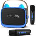 Mgaolo Upgraded Mini Karaoke Machine Toy for Kids, Portable Bluetooth Speaker with 2 Wireless Mics, Emoji & Colorful LED Lights, Home Travel & Party Play Gifts for Boys Girls (Blue)