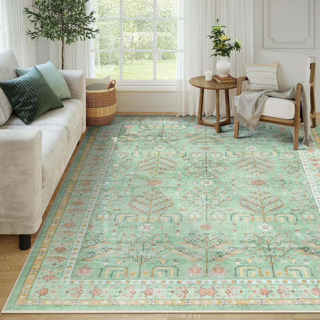 Anidaroel Tree of Life Living Room Rugs 8x10, Washable Large Green Rug for Bedroom Soft Boho Area Rug, Non-Slip Non Shedding Dining Room Mat Indoor Throw Carpet for Nursery Room Playroom (Green)