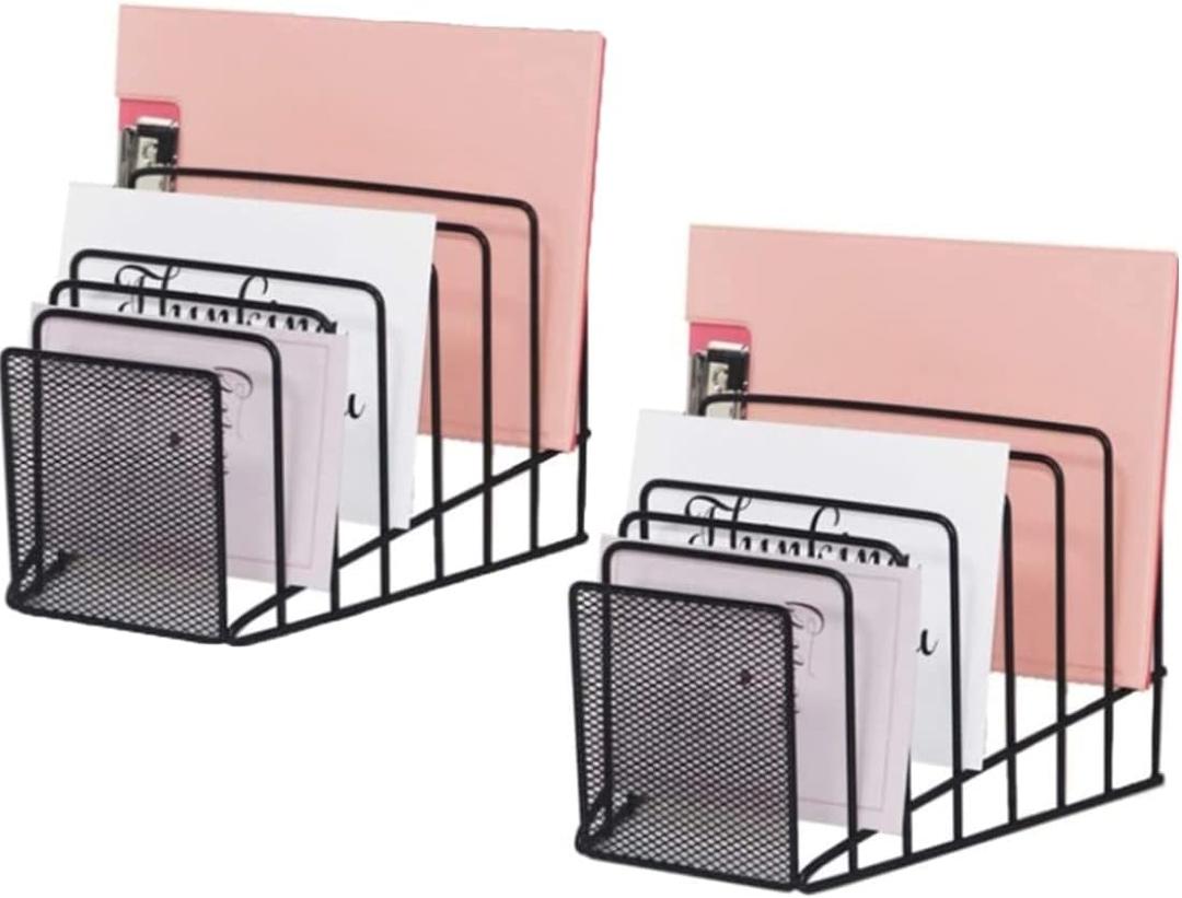 2 Pack Multi Step File Organizer Incline Desktop File Sorter Metal Wire Mesh Step File Letter Sorter, 7 Sections, Black