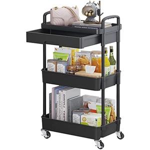 Calmootey 3-Tier Rolling Utility Cart with Drawer,Multifunctional Storage Organizer with Plastic Shelf & Metal Wheels,Storage Cart for Kitchen,Bathroom,Living Room,Office,Black