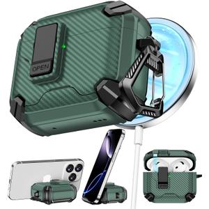 Pohgelan Compatible with AirPods 4 Case,Magnetic Automatic Lock with Phone Stand & Cleaning Kit,Compatible with Magsafe,Carbon Fiber Texture Cover -Green