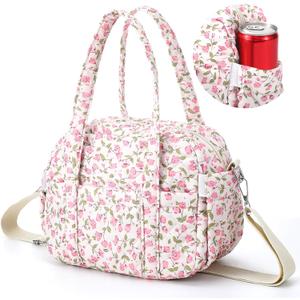 Zhehao Cute Lunch Bag for Women Large Quilted Insulated Lunch Box with Shoulder Strap, Crossbody Portable Leakproof Cooler Tote Bag for Adult Work Teacher Staff Office Travel Picnic(Pink Flower)