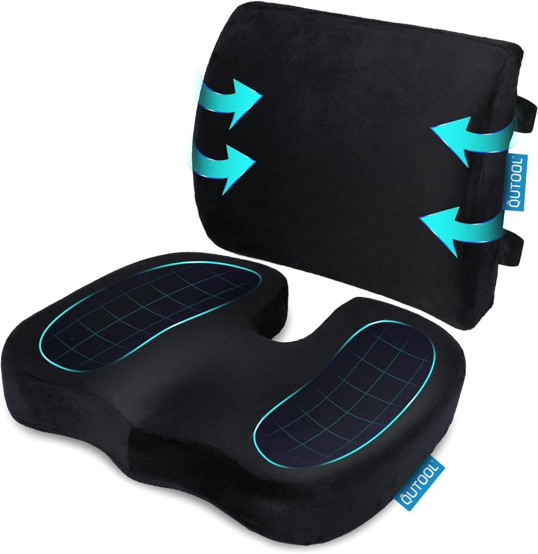 QUTOOL Orthopedic Seat Cushion and Lumbar Support Pillow for Office Chair & Car, Memory Foam with Washable Cover Ergonomic Desk Chair Cushion for Tailbone, Lower Back Pain, Sciatica Relief (Black Seat Cushion & Lumbar Support Pillow)