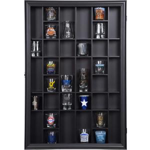 Gallery Solutions - Black Wall-Mounted - Curio & Shot Glass Display Case - 17"x26" Glass Door - Bar Accessories - Collectible - Miniature Glassware - Bar Accessories